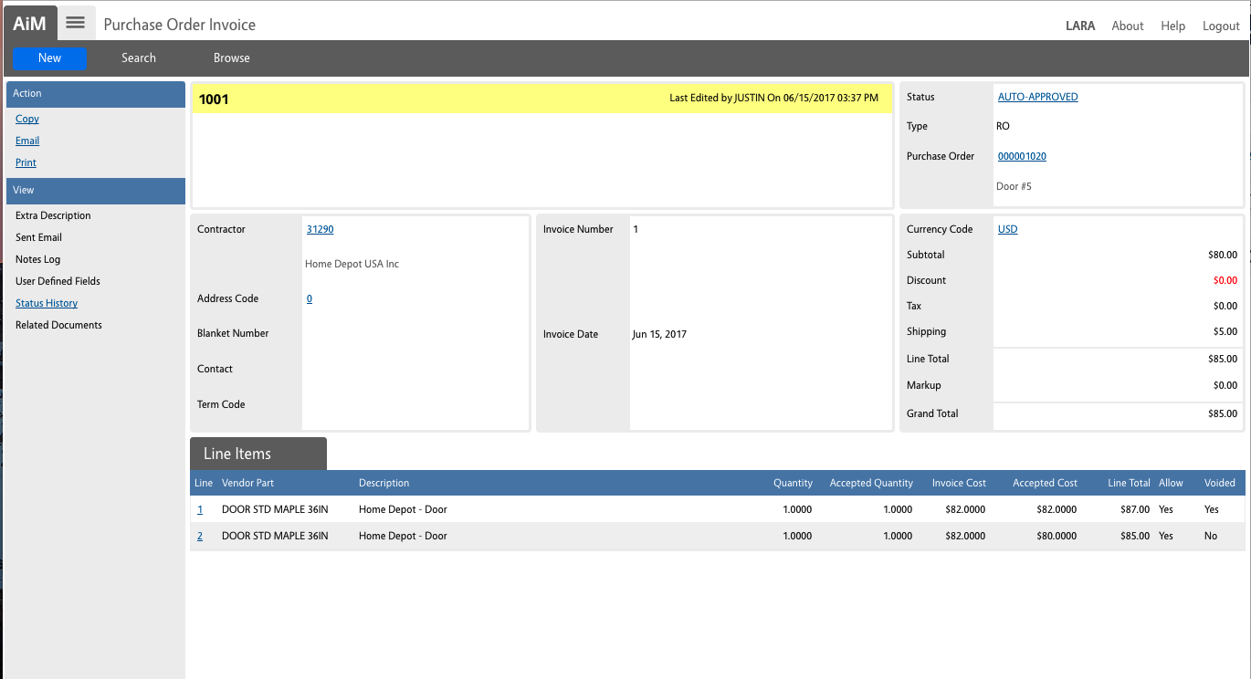 Purchase Order Invoice in AiM