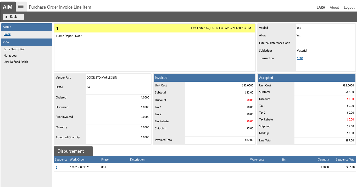 AiM Purchase Order Invoice Line