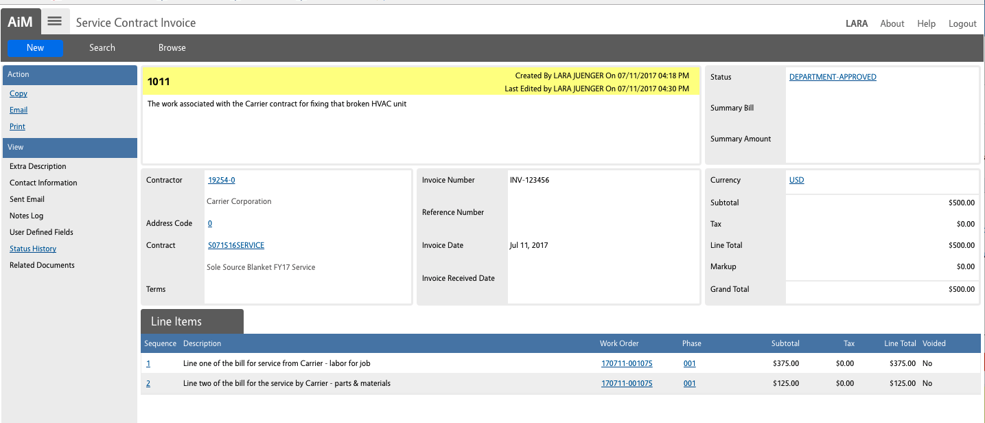 Service contract invoice and payment