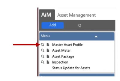 Arrow pointing to the magnifying glass search tool next to Master Asset Profile